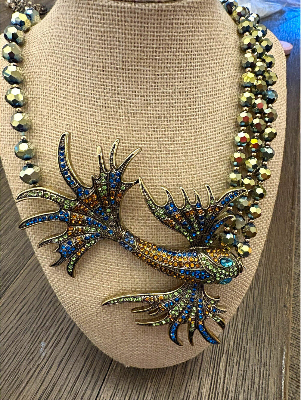 Designer style Blue Green elegant fish rhinestones necklace